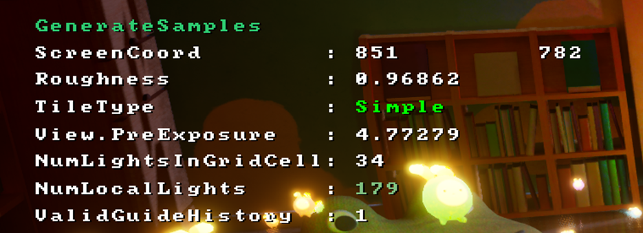 MegaLights debug overlay showing per-tile sampling statistics, including tile type, light counts, roughness, and exposure values.