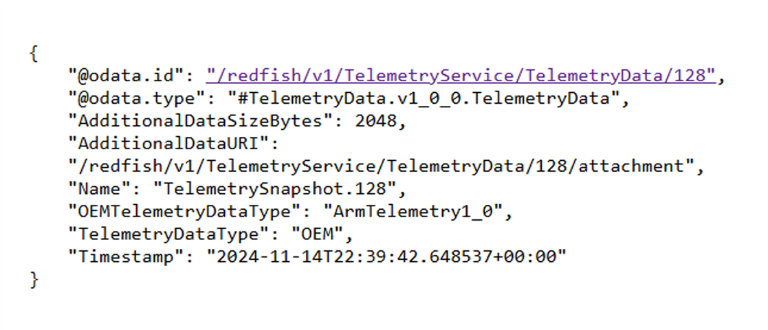 Example Redfish TelemetryData resource and the attached SCMI telemetry