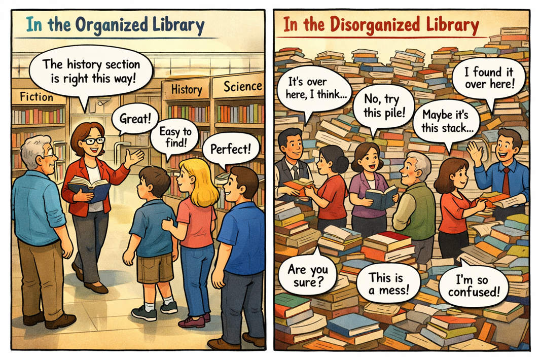 Organized vs disorganized library: clear shelves vs cluttered piles causing confusion.