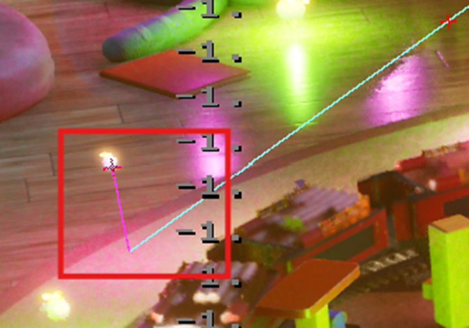 MegaLights debug visualization showing a selected primary light and its visibility ray path within the Lumilings scene.