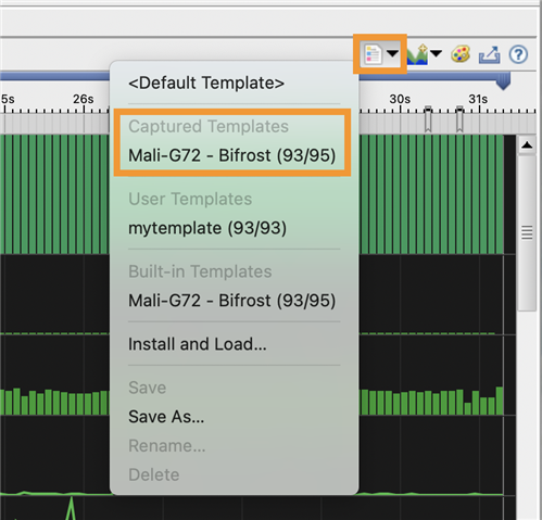  screenshot showing how to select capture-time templates from the Timeline view template menu