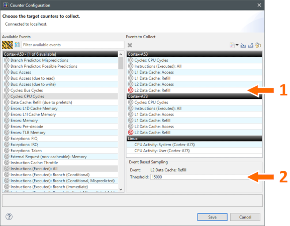  The Counter Configuration dialog, showing how to set up event-based sampling.