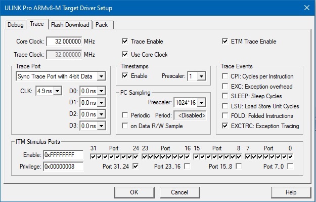  Enabling ETM trace feature in debug adaptor settings