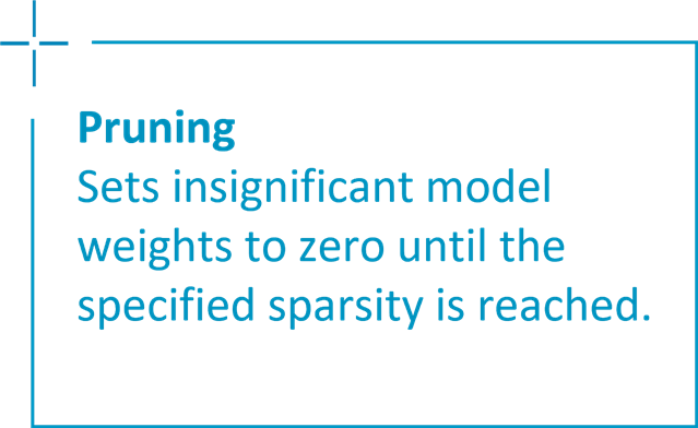  Pruning: Sets insignificant model weights to zero until the specified sparsity is reached.