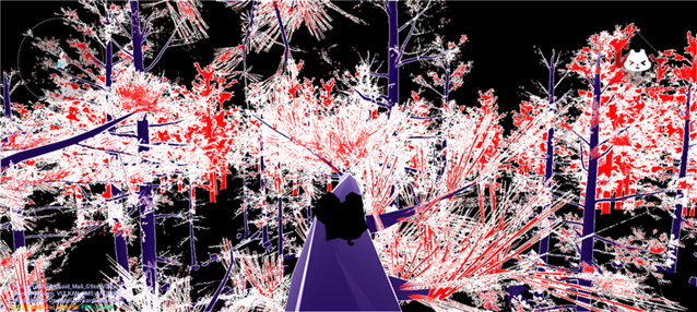 Nanite Raster Bins visualization showing software and hardware rasterization across a forest scene.