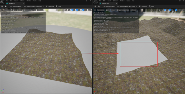 Terrain comparison showing visual artifacts caused by low mesh density and their resolution with a high-detail terrain mesh.