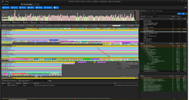 Unreal Insights trace showing CPU and GPU timing data for a Nanite-enabled scene.
