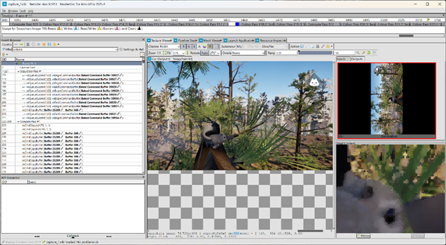 Arm Graphics Analyzer capture of a Nanite-rendered forest scene on mobile hardware.