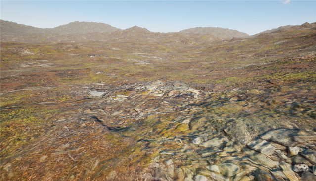 High-detail terrain mesh showcasing rocky ground and landscape detail in the Mori Nanite demo.