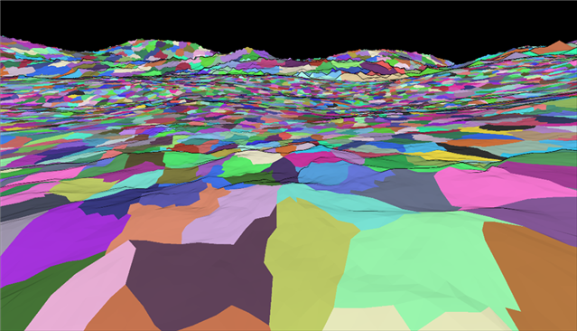 Nanite Cluster visualization showing terrain mesh subdivision across a high-detail landscape.