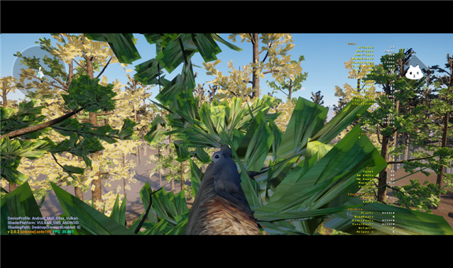 Forest scene with masked materials disabled, showing simplified foliage and improved performance.