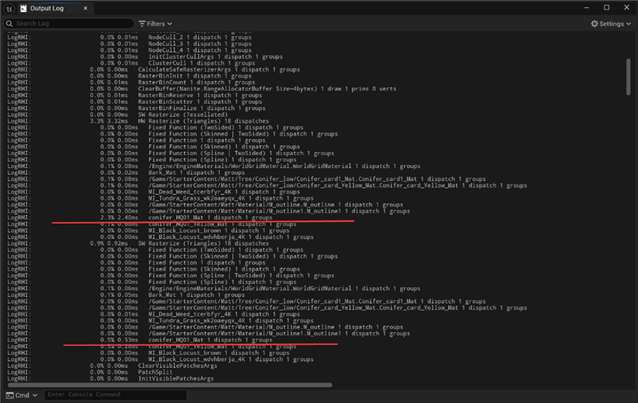 Nanite draw event log showing material-level rendering costs during rasterization.