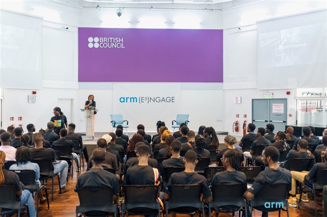 Audience attending a keynote presentation at the Arm Engage event hosted at the British Council.
