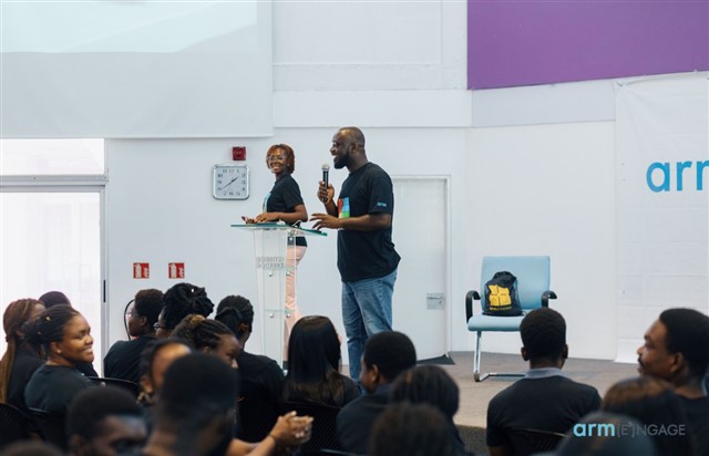 Speaker presenting to attendees during a technical session at the Arm Engage developer event.