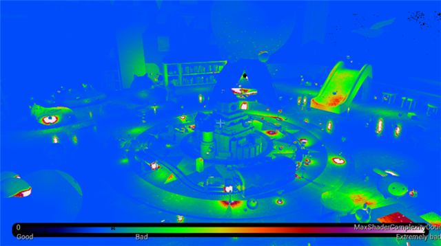 Light Complexity visualization of a playroom scene rendered with MegaLights, showing the distribution and overlap of dynamic light sources across the environment.