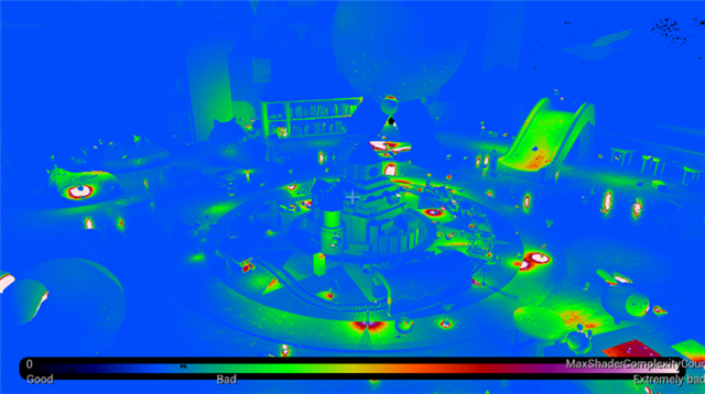Light Complexity visualization of a playroom scene rendered with MegaLights, showing the distribution and overlap of dynamic light sources across the environment.