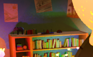 Close-up of a bookshelf lit by multiple colored dynamic lights, showing shadow detail and lighting noise.