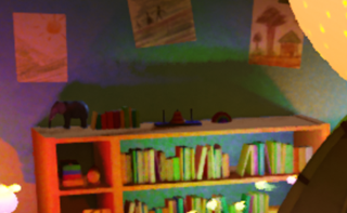 Close-up of a bookshelf lit by multiple colored dynamic lights, showing shadow detail and lighting noise.