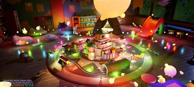Playroom scene with hundreds of colorful dynamic lights and ray-traced shadows rendered using Unreal Engine MegaLights.
