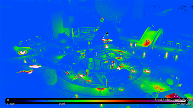 Light Complexity visualization of a playroom scene rendered with MegaLights, showing the distribution and overlap of dynamic light sources across the environment.