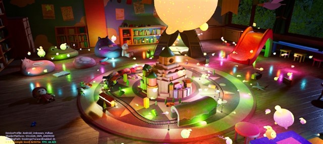Playroom scene rendered with Unreal Engine MegaLights, featuring more than 190 dynamic shadow-casting lights with ray-traced shadows on a Mali-G1 GPU.