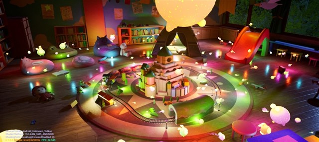 Playroom scene rendered with Unreal Engine MegaLights, featuring more than 190 dynamic shadow-casting lights with ray-traced shadows on a Mali-G1 GPU.