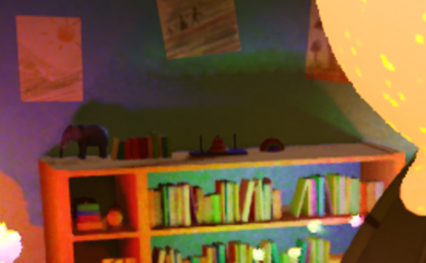 Zoomed-in view of a bookshelf in the Lumilings demo scene, showing colorful dynamic lighting, soft shadows, and visible sampling noise from many-light rendering.