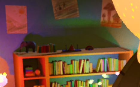Zoomed-in view of a bookshelf in the Lumilings demo scene, showing colorful dynamic lighting, soft shadows, and visible sampling noise from many-light rendering.