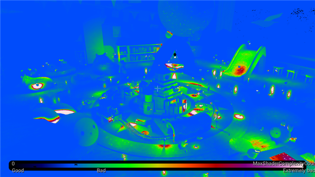 Light Complexity debug view of the Lumilings scene, showing the distribution and overlap of more than 190 dynamic lights across the playroom.