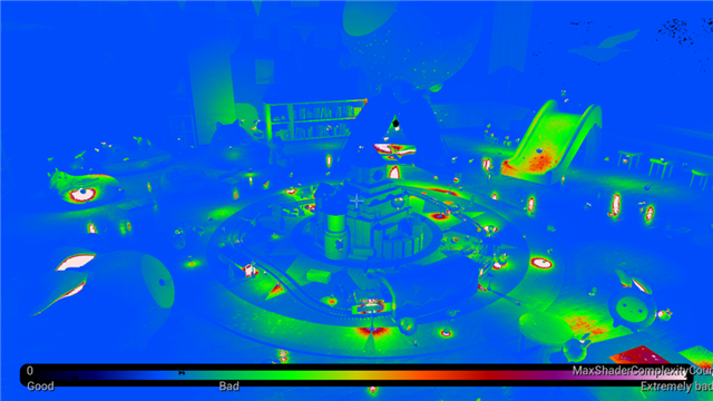 Light Complexity debug view of the Lumilings scene, showing the distribution and overlap of more than 190 dynamic lights across the playroom.