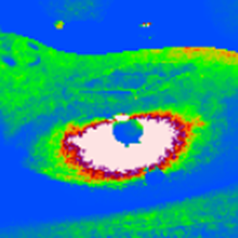 Close-up Light Complexity visualization showing a hotspot of overlapping dynamic lights, with bright colors indicating high lighting complexity and shading cost.