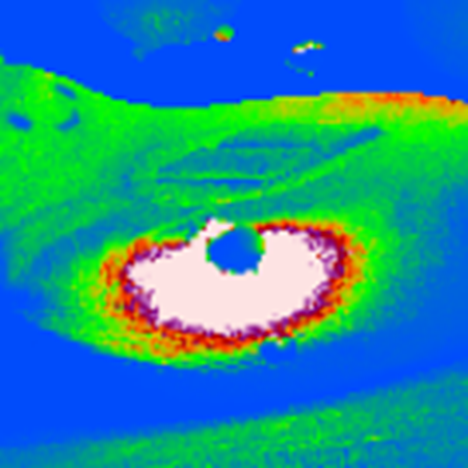 Close-up Light Complexity visualization showing a hotspot of overlapping dynamic lights, with bright colors indicating high lighting complexity and shading cost.