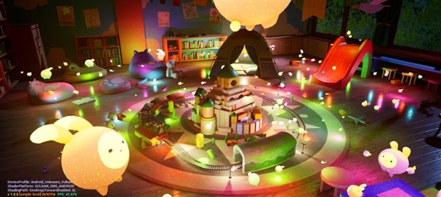 Playroom scene with hundreds of dynamic lights and ray-traced shadows rendered using Unreal Engine MegaLights.