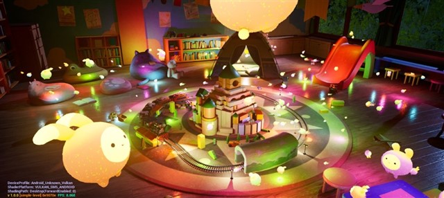 Playroom scene with hundreds of dynamic lights and ray-traced shadows rendered using Unreal Engine MegaLights.
