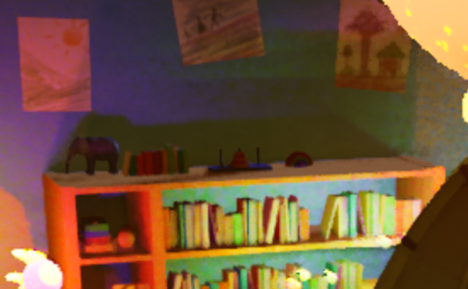 Zoomed-in view of a bookshelf in the Lumilings scene, showing soft shadows, colorful dynamic lighting, and visible sampling noise from MegaLights rendering.