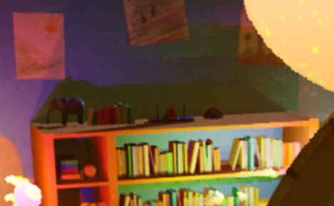 Zoomed-in view of a bookshelf in the Lumilings scene, showing soft shadows, colorful dynamic lighting, and visible sampling noise from MegaLights rendering.