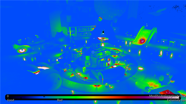 Light Complexity debug view of the Lumilings scene, showing the distribution and overlap of dynamic lights across the playroom environment.