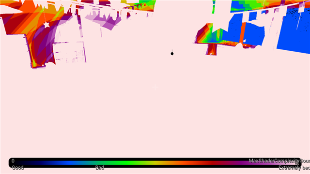 Shader Complexity debug view of the Lumilings scene, showing areas of high pixel shader cost with bright colors and white regions indicating the most expensive rendering workloads.