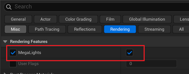 Unreal Engine viewport settings showing the MegaLights rendering feature enabled for the current scene.