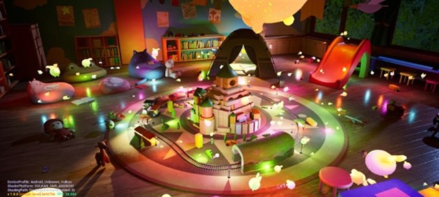 Playroom scene with hundreds of colorful dynamic lights and ray-traced shadows rendered using Unreal Engine MegaLights.