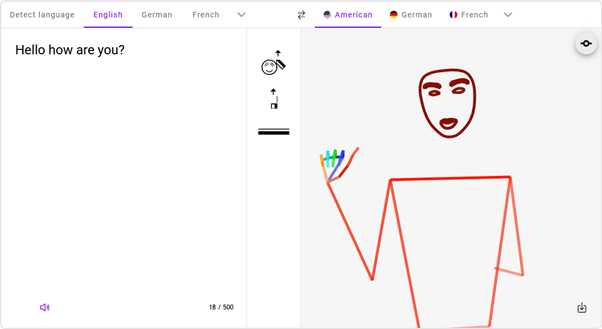 Screen shot of sign.mt's webpage demonstrating their sign language production technology https://sign.mt/