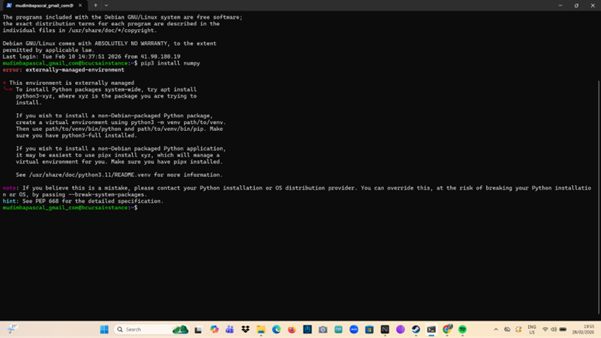 Terminal showing pip install numpy blocked by PEP 668 externally managed environment error on Debian.