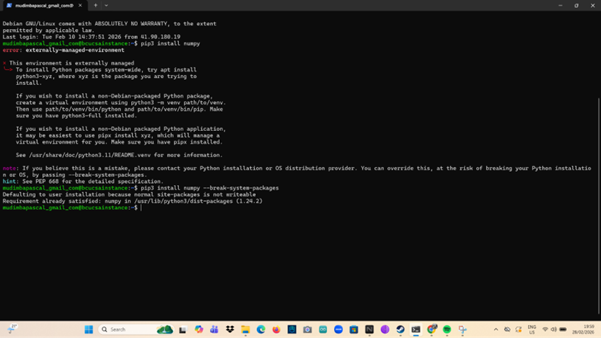 Terminal showing pip install numpy succeeding after using --break-system-packages on a PEP 668 managed Debian environment.