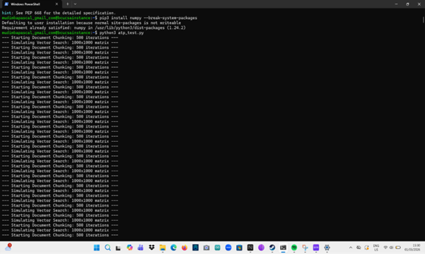Terminal showing Python workload execution with repeated document chunking and 1000×1000 matrix vector search iterations.