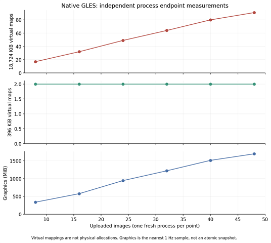 Independent native endpoints: image count versus Mali virtual mapping buckets and Android Graphics; virtual sizes are not physical residency.