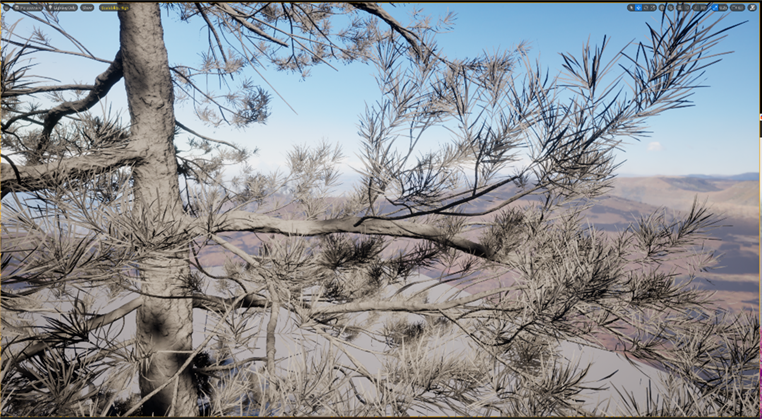 Tree asset rendered without textures to highlight Nanite geometry and foliage density.
