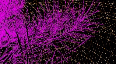 Nanite Triangles visualization showing dense pine needle geometry on a high-detail branch