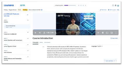 Coursera interface displaying the AMBA AXI Protocols course, including a video lecture, course overview, and navigation menu.