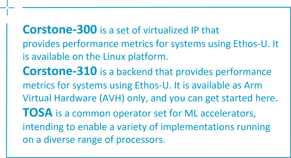 Corstone-300 is a set of virtualized IP that provides performance metrics for systems using Ethos-U. It is available on the Linux platform. Corstone-310 is a backend that provides performance metrics for systems using Ethos-U. It is available as Arm Virtual Hardware (AVH) only, and you can get started here. TOSA is a common operator set for ML accelerators, intending to enable a variety of implementations running on a diverse range of processors.