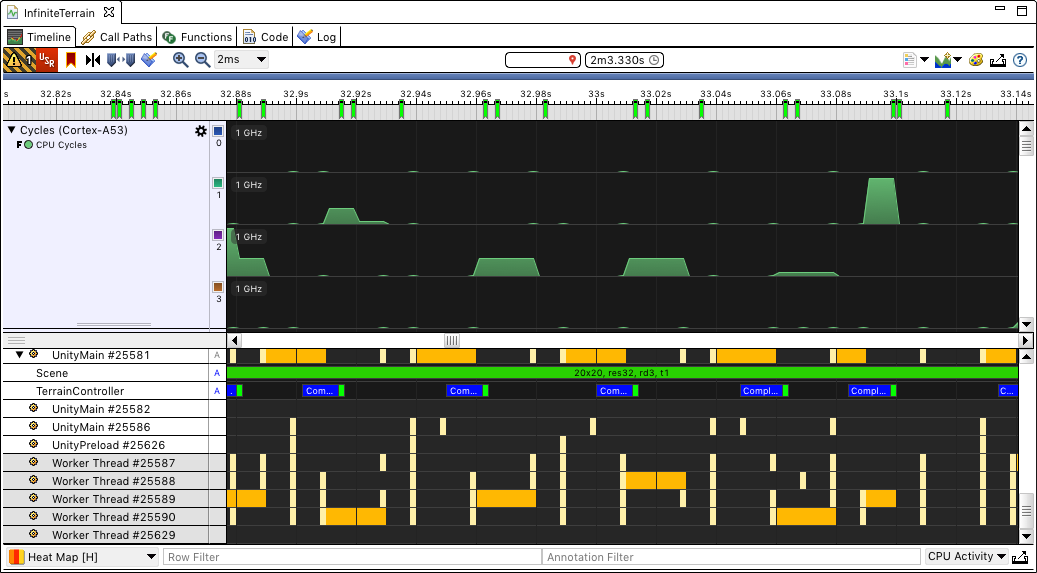 Streamline screenshot, showing worker thread activity in the second scene.